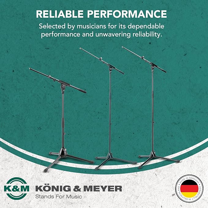 K&M König & Meyer 21075.500.55 Tripod Microphone Stand - Adjustable Telescoping 1-Piece Boom Arm - Professional Grade - Heavy Duty with Folding Leg Base - German Made - Black