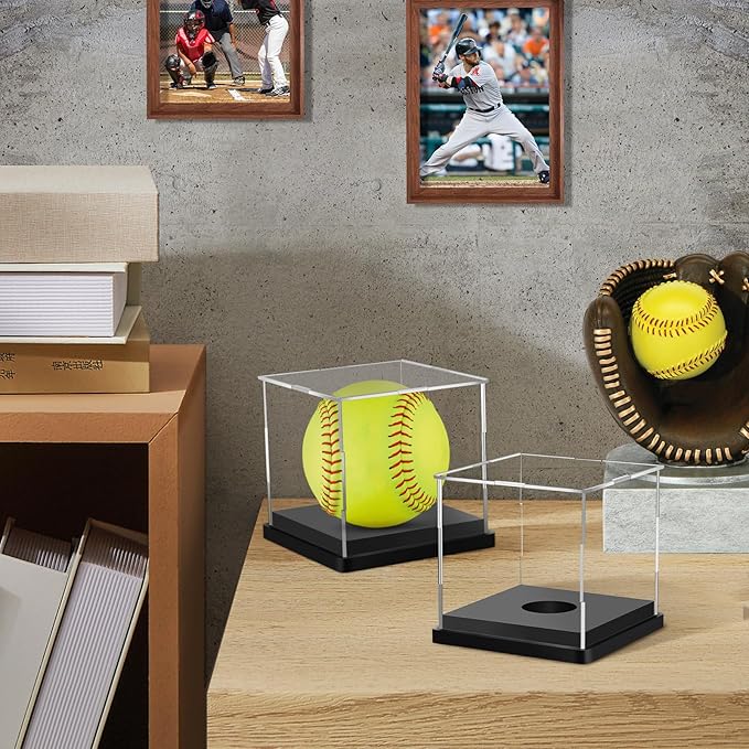 Hooqict 4 Pack Arcylic Softball Display Case Clear Softball Holder UV Protected Stand Championship Display Case Memorabilia Square Box for Golf Tennis Game Ball Baseball
