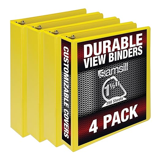 Samsill Durable 1.5 inch 3 Ring Binder, Made in USA, D Ring Binder, FSC 100% Recycled Chipboard, Yellow, 4 Pack