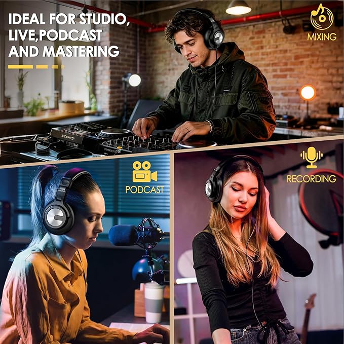USB C Headphones Wired Over Ear with 50mm Drivers, Studio Monitor & Mixing DJ Headphones Professional with 6.35mm/3.5mm/Type-C Jack Over Ear Headsets for DJ Podcast Guitar AMP Piano Keyboard Recording