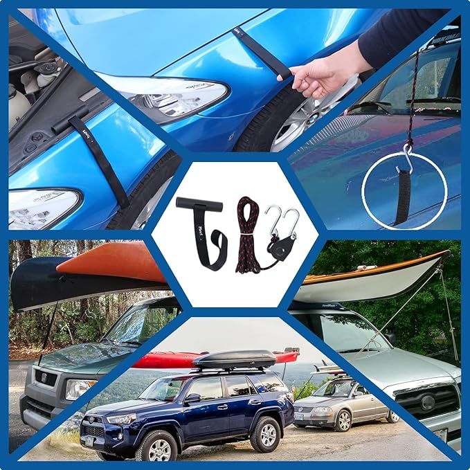 Mind and Action Kayak Tie Down Straps,Quick Hood Loops Trunk Anchor,Canoe Transport Accessories Secure Vehicle Lashing Point (2 Straps+2 Loops+2 Hooks)