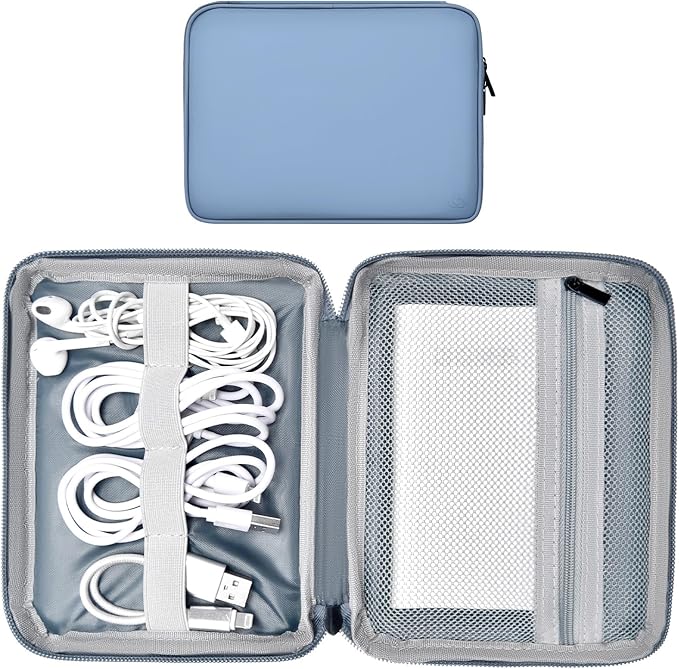 Leather Cord Organizer Travel Waterproof Travel Cable Organizer Bag Portable Tech Organizer Travel Case for Charger Electronic Accessories for Men (Gray&Blue, Single Layer-Small)