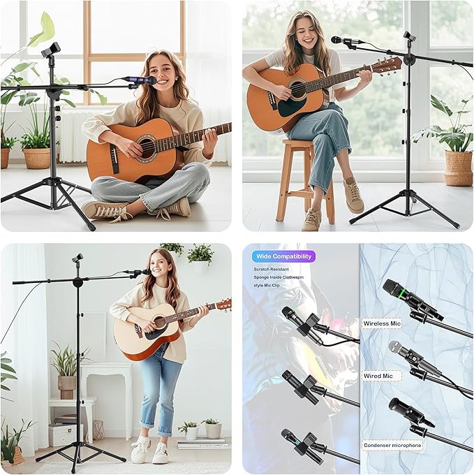 Microphone Stand Floor 2 Mic Clips Foldable Mic Stands Heavy Duty Tripod Boom Arm with 2 Screws Adapter 2 Foam Covers and Carrying Bag for Singing Karaoke Stage HLS03