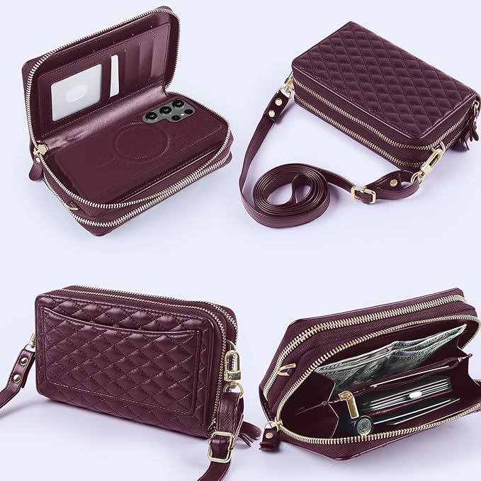 Harryshell Compatible with Samsung Galaxy S26 Ultra Case Wallet Multi Zipper Detachable Removable Cover Purse with Card Slots Holder Mirror Crossbody Strap (Compatible with Magsafe-Burgundy)