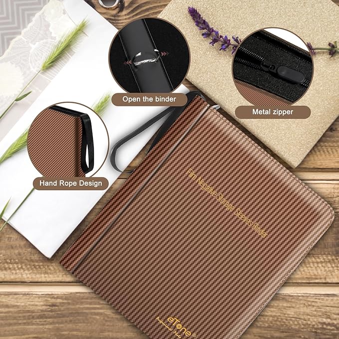 eTone Film Negative Storage Box, PU Leather 3-Ring Binder Album, Gold Foil, 13.18x7.08x1.96 Inch, Velvet Lined for 35mm 120 4x5 8x10 Negatives (Brown)