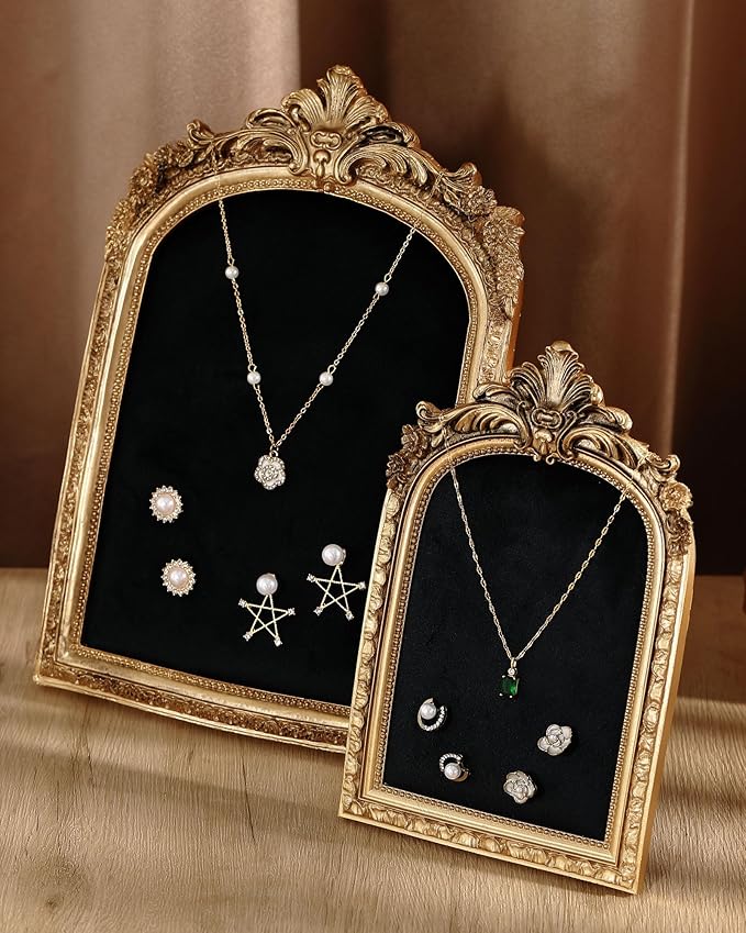 2 Pcs Gold Jewelry Display Stand Vintage Necklace Organizer Ring Holder Earring Tray Resin Jewelry Photography Props Frame with Velvet Backing for Gifts(Black,Large,Small,Elegant)