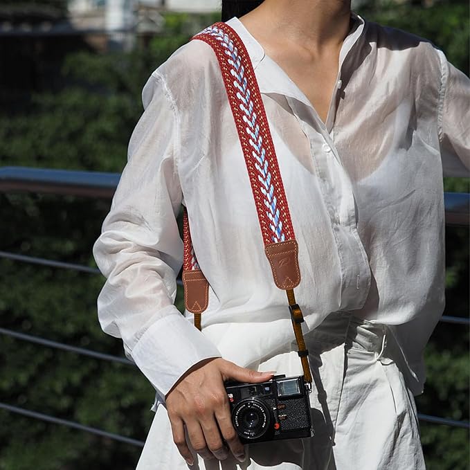 Padwa Lifestyle Speed Red Camera Strap - 1.5" Soft Cotton Rope Weave Crazy Horse Cowhide Head Camera Straps for Photographers and All Cameras,Cute Adjustable Vintage Woven Strap for Adults & Kids