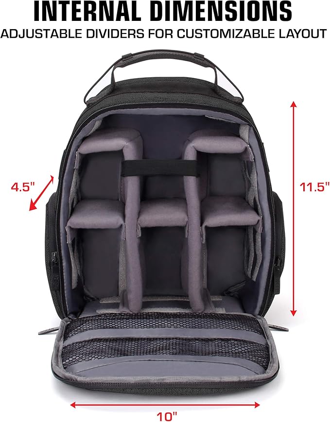 USA Gear Portable Camera Backpack for DSLR with Customizable Accessory Dividers, Weather Resistant Bottom and Comfortable Back Support - Compatible with Canon, Nikon, Sony, Fujifilm, and More (Black)