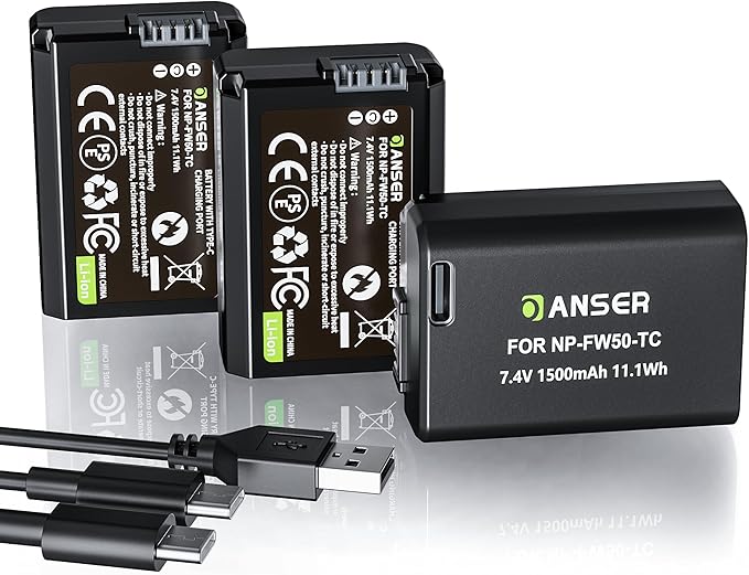 3-Pack FW50 Replacement Battery with Type-C Direct Charging for Sony A7III/A7II/A7RIV/A6500/ZV-E10/Alpha A6000/A6500/A6300 /A5100/A5000 RX10 II Cameras