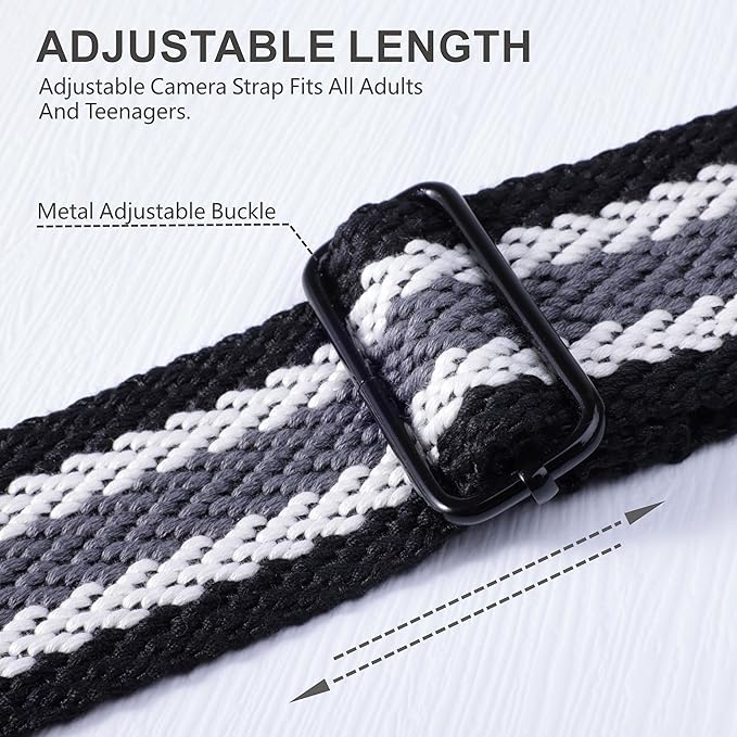 Padwa Lifestyle Adjustable Camera Strap - 2" Top Layer Cowhide Head Camera Straps for Photographers,Soft Cotton Rope Crossbody Strap with Quick Release fits All Cameras - Black Gray Stripes