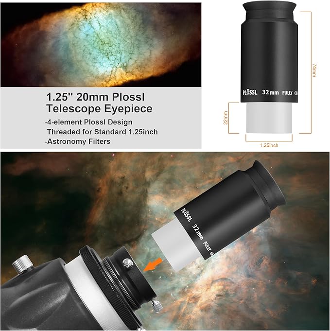 Alstar 1.25 Inch Plossl Telescope Eyepiece - 32mm Fully Multicoated Optical Lens for 1.25inch Astronomic Telescope and Astronomy Filters - 4 Element Plossl Design