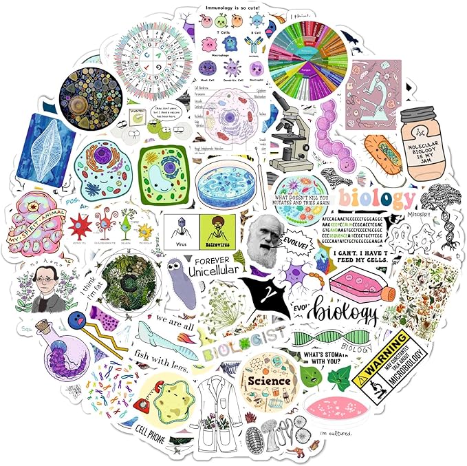 BulbaCraft100Pcs Funny Biology Stickers for Laptop & Water Bottles, Small Biology Sticker Pack, Laptop Decals, Gifts for Women & Men