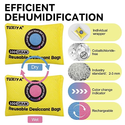 24Pack(100g Each) Rechargeable Silica Gel Desiccant Packets,Color Indicating Desiccant Packs for Storage,Moisture Absorbers for Storage Bins,Suitcase,Safes,3D Filaments,Wet Zones and Cars