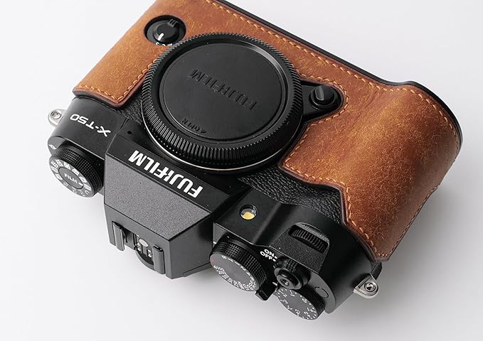 Handmade Genuine Leather Camera Half Case for Fujifilm X-T50 - Top Layer Cowhide Body + Metal Base Plate - Hand Shank Free Design (Yellowish Brown)