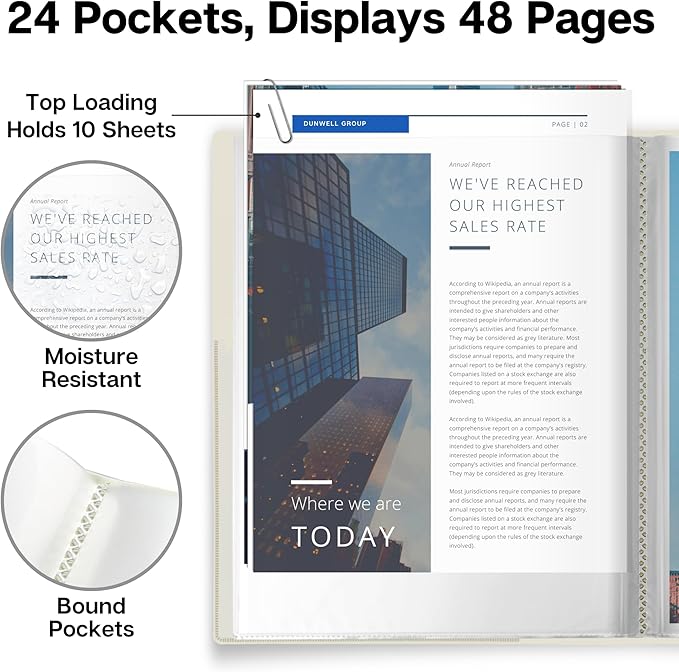 Dunwell Presentation Binder 24-Pocket, Displays 48 Pages, 8.5x11 Portfolio Binder with Plastic Sleeves, Storage and Organizer for Documents, Certificates, Projects, Photos (3 Pack, Assorted)