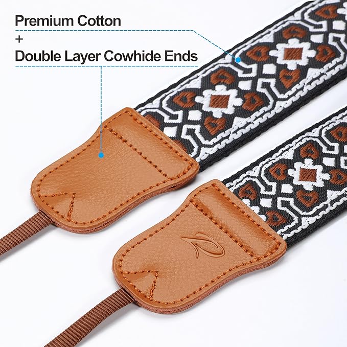 Padwa Lifestyle Brown Flower Camera Strap - 2" Cowhide Leather Head Cotton Camera Straps for Photographers,Vintage Jacquard Embroidery Adjustable Neck & Shoulder Strap for ALL DSLR/SLR Cameras