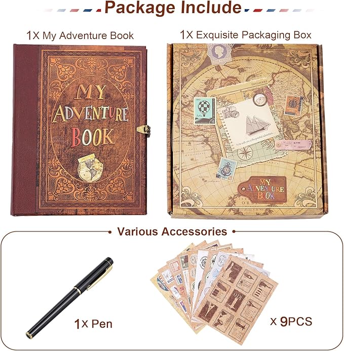 My Adventure Book Scrapbook 124 Pages Retro Style Embossed Photo Album,DIY Handmade Memory Travel Diary Photo Scrapbook for Couples,Anniversary,Wedding,Valentines Day Gifts(Brown)