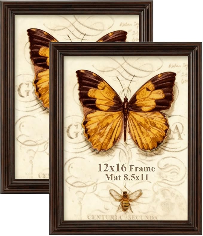 12x16 Picture Frame, 2 Pack Ornate Vintage Picture Frames for Wall or Tabletop Display, 12 x 16 Photo Frame with Real Glass, Display Poster 8.5x11 with Mat or 12x16 without Mat for Antique Déco, Brown