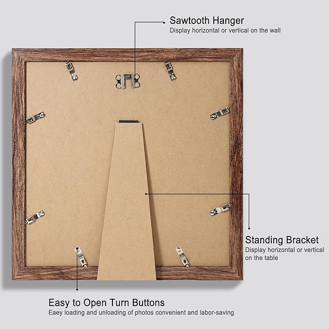 12x12 Picture Frame Set of 4 - Made of Glass and Rustic Brown Wooden Frame, Display Square Pictures 10x10 with Mat or 12 x 12 without Mat, Desktop & Wall Collage Photo Frame