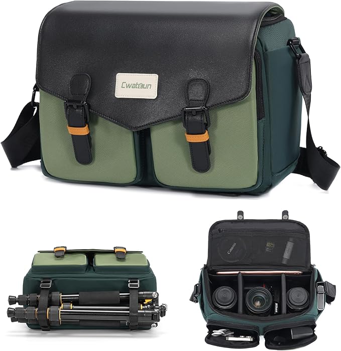 Cwatcun Camera Bag, Waterproof Flap Camera Crossbody Shoulder Messenger Case with Tripod Holder, Travel Photography Bag for Canon, Nikon, Sony, Fuji DSLR/SLR/Mirrorless Camera, Lens - Green, L