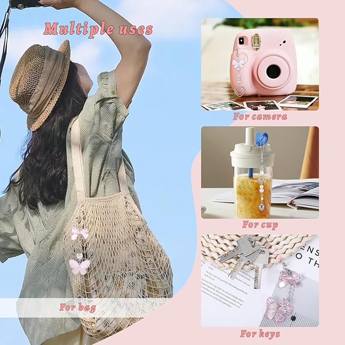 Pink Beaded Phone Wrist Straps, Y2K Phone Case Charms Camera Charm Strap, Lanyard Keychain Wristlet Aesthetic Cellphone Charm