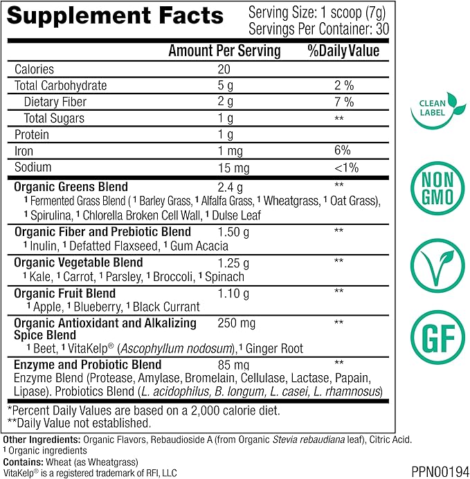 Peak Pure & Natural Peak Greens Support pH Balance and Alkalinity | Superfood Green Drink Powder | Blend of Fermented Grass, Vegetable, & Fruit | Digestive Enzyme & Probiotic Powder