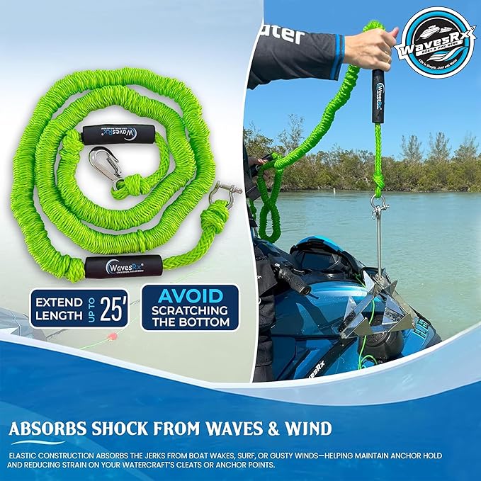 WAVESRX AnchorMate Bungee Line | Boat Bungee Dock Lines for Boats, PWCs & Kayaks | Absorbs Shock from Swells & Wind, Prevents Anchor Dislodging | Perfect for Anchoring, Mooring & Tethering