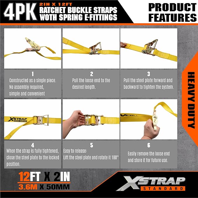 XSTRAP STANDARD 4-Pack 2" x 20' E-Track Ratchet Tie Down Straps 4,401 lbs Break Strength Heavy Duty Cargo Securement for Trailers, Trucks, Vans & Motorcycles with Spring Fittings (Blue)