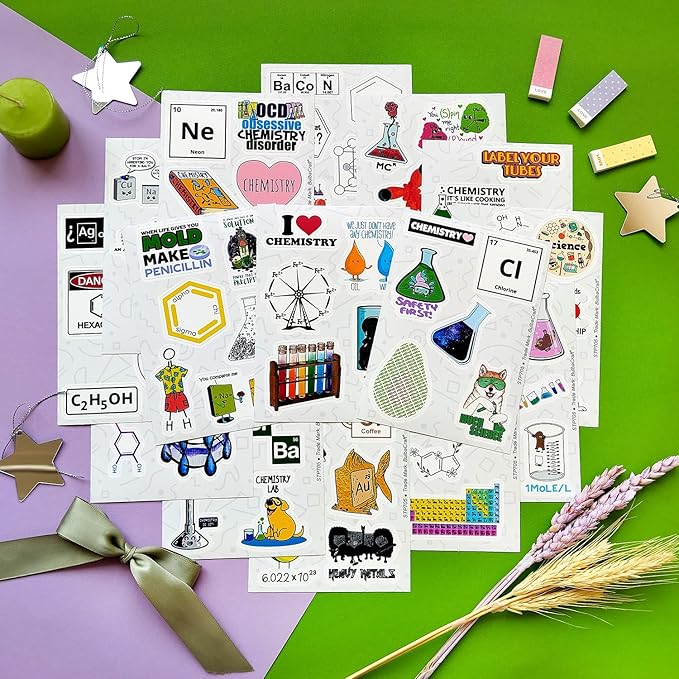 BulbaCraft 100Pcs Funny Chemistry Stickers for Laptop, Chemistry Computer Stickers, Lab Decals, Science Themed Presents, Gifts for Women & Men
