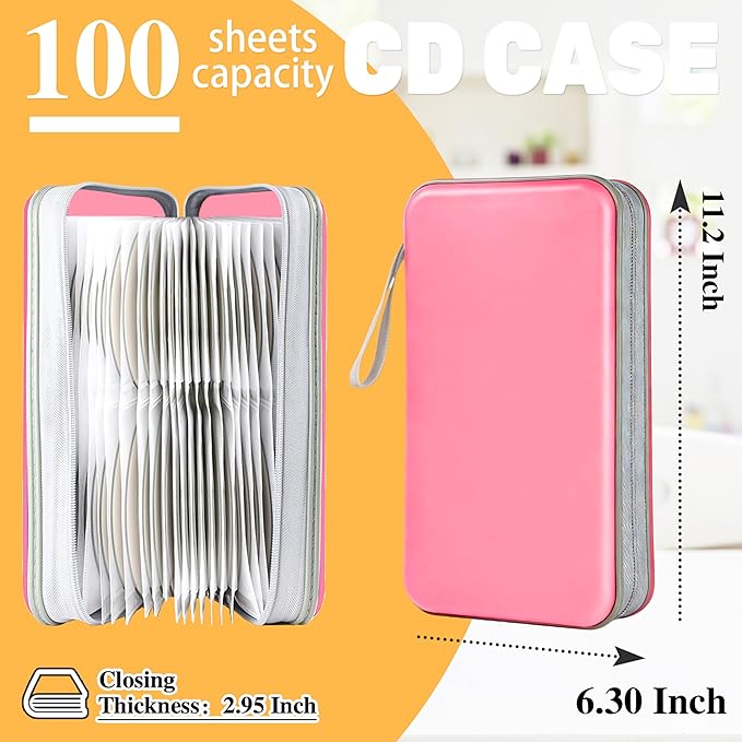 CD Case DVD Storage,100 Capacity DVD Cases Holder CD Storage Case Holders Plastic CD DVD Disc Case Storage Wallet Binder for Car Home Office Travel (1P Pink)