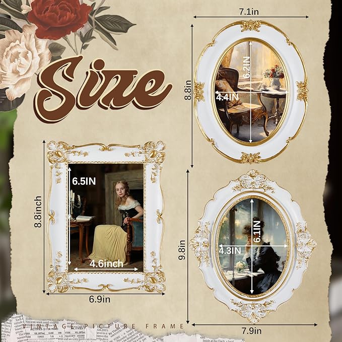3 Pcs White Vintage Picture Frame Set Antique Oval Picture Frames 4x6, 5x7 Inch Baroque Photo Ornate Frames with Glass Gift for Tabletop Hanging Wall Art Wedding Home(French Style)