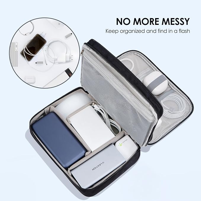 LENTION Cable Electronics Organizer Bag Pouch, Travel Cord Organizer Carry Case Waterproof Double Layers All-in-One Storage Bag Carrying for Cable, AirPods, Charger, Power Bank, Earphone Black