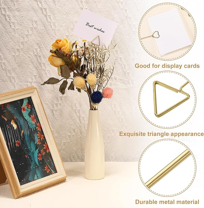 uxcell 30 Pcs Table Card Holders, 5.9 Triangle Metal Craft Wire Clips Picture Clip Table Number Holders Picks for Wedding, Photos, Memo, Restaurant, Gold