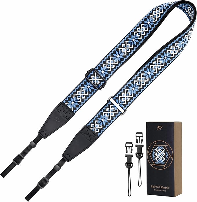 Padwa Lifestyle Adjustable Camera Strap - 1.5" Full Grain Leather Ends Camera Straps for Photographers, Adjustable Neck Shoulder & Crossbody Cotton Strap Quick Release for Cameras and Binoculars