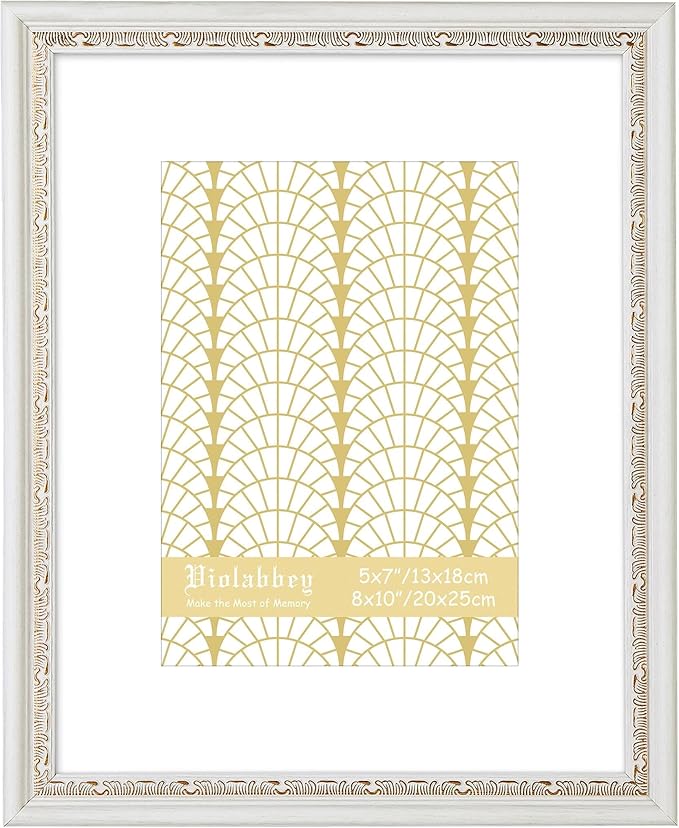 VIOLABBEY 8x10 White Gold Picture Frame, Display 5x7 Photo with Mat or 8x10 without Mat, Ornate Vintage 8 x 10 White Gold Frame for Wall Decor or Tabletop Display