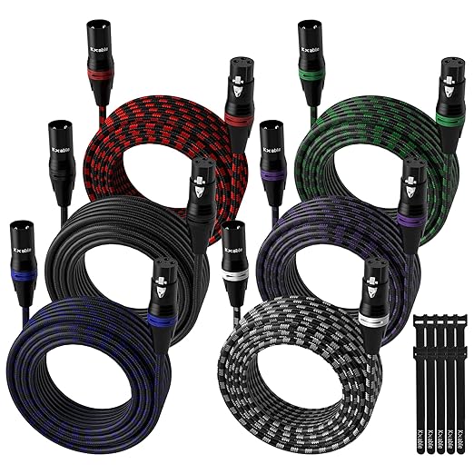 XLR Microphone Cable 4 Feet (6 Pack, Multi Colored), 3 Pin Shielded Balanced Male to Female Mic Patch Cord, Nylon Braided, Zinc Alloy Shells, OFC, for Amplifier, Speaker, Mixer with 10 Cable Ties