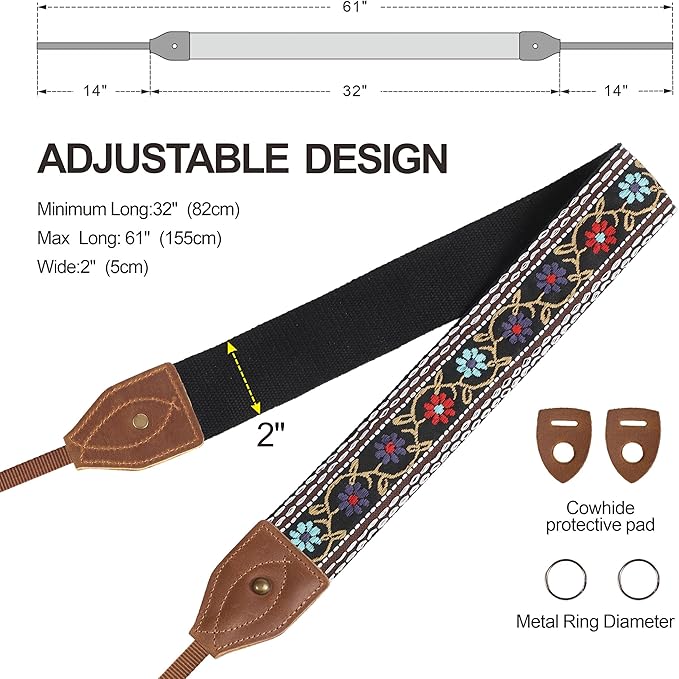 Padwa Lifestyle 2" Wide Classic Crazy Horse Art Cowhide Head Camera Strap - Jacquard Embroidery Floral Vintage Camera Straps for Photographers Gift, Adjustable Shoulder Neck Strap Fits DSLR Cameras