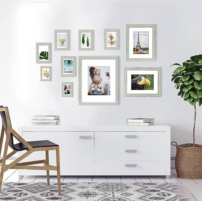 5x7 Picture Frame Set of 4, Made of Real Glass and Sage Green Wooden Frame, 5 by 7 Photo for Wall or Tabletop - Display Picture 4x6 with Mat or 5x7 Without Mat