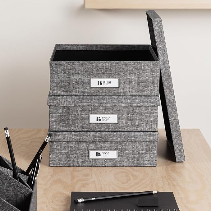 Bigso Oskar Canvas Fiberboard Document Letter Box for Important Paperwork A4 or Letter Size - Durable Keepsake Box with Lid and Metal Label Holder - 3.3in x 10.2in x 13.8in - Melange Grey - 3 Pack