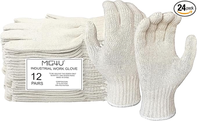MIG4U 12 Pairs Work Gloves - Cotton String Gloves for Safety Work - Glove Liner Hand Saver Heat Protection for BBQ (Large, Heavy)