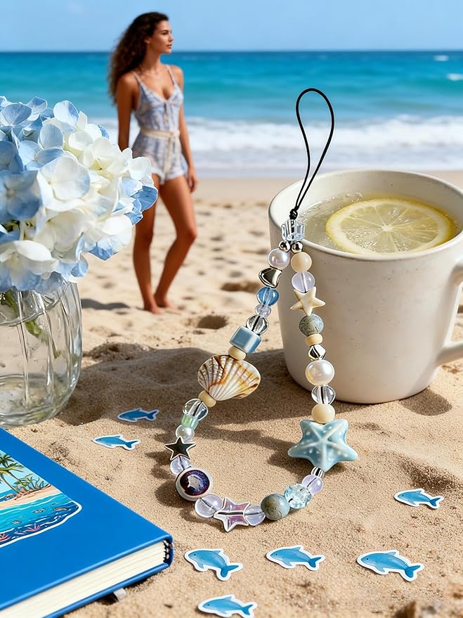 2 Pcs Phone Charm Strap Universal Hand Phone Wrist Strap Camera Lanyard Pearl Beaded Cute Chain String Accessories Universal for iPhone 16 Pro Max Samsung Women Girls Phones Bag Keychain Beach Style