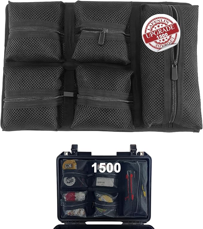 LAFENLIN UPGRADED Lid Organizer for Pelican 1500 Case [Max Space, Secure Gear] - 5-Pocket Mesh Panel for Photographers, Divers & Tactical Pros, Includes Screws & Hook and Loop, No More Loose Tools