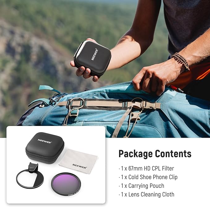 NEEWER 67mm CPL Filter with Cold Shoe Phone Lens Clip, HD Polarizing Filter with Pouch & Cleaning Cloth Compatible with iPhone 17 16 15 Pro Max Plus Samsung Galaxy S25 Ultra Camera