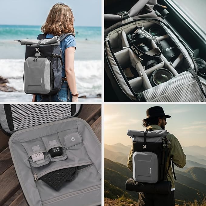 TARION Hardshell Large Camera Backpack - Expandable Camera Bag for Photographers with 16" Laptop Compartment & Side Access & Rain Cover(XH Silver)