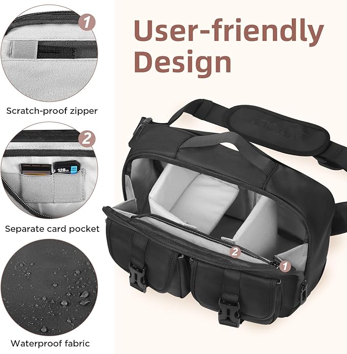 Camera Sling Bag,DSLR Camera Bag with Tripod Holder,Waterproof Camera Shoulder Crossbody Bag for Photographers (Black)