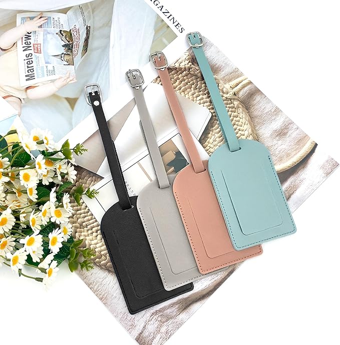BlingKingdom 4 PCS Luggage Tags PU Leather Luggage Label Suitcase ID Tags for Travel Accessories (4 Colors)