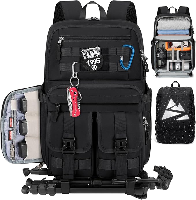 RAINSMORE Camera Bag Backpack for DSLR/SLR/Mirrorless Camera Bags for Photographers 15.6 Inch Waterproof Tactical Photography Backpack Case with Rain Cover & Tripod Holder, Black