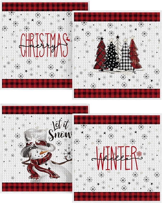 Artoid Mode Red Xmas Tree Snowman Merry Christmas Kitchen Dish Cloths, 12x12 Inch Quick Dry Microfiber Dishcloths for Kitchen Dish Rags Set of 4