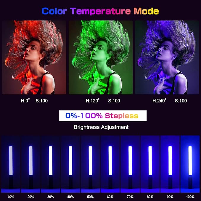 RGB Video Light Wand, Handheld Multi Color LED Tube Light Stick with Remote Control, Dimmable 2500K-6500K CRI97+ Full-Color LED Light with 2500mAh Rechargeable Battery, 12 Light Scenes