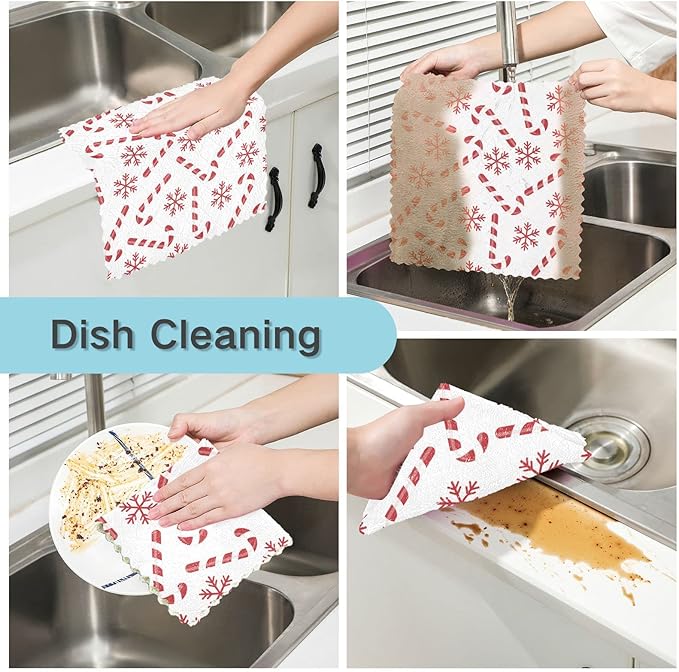 CaTaKu 6 Pack Christmas Candy Canes Kitchen Dish Cloths for Washing Dishes Cleaning Cloth Dish Towels Reusable Microfiber Washcloths Dish Rags for Kitchen